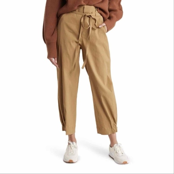 A.L.C. Women's Dylan Linen Blend Crop Ankle Pant Paperbag Tie Waist Tan 2 - Picture 1 of 6